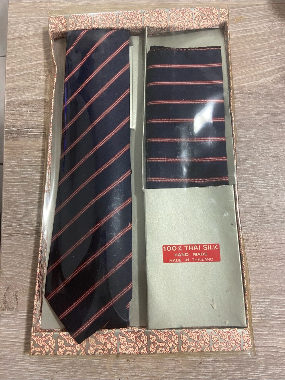Vintage 100% Thai Silk Classic Navy and Red Stripe Silk Tie & Pocket Square Set